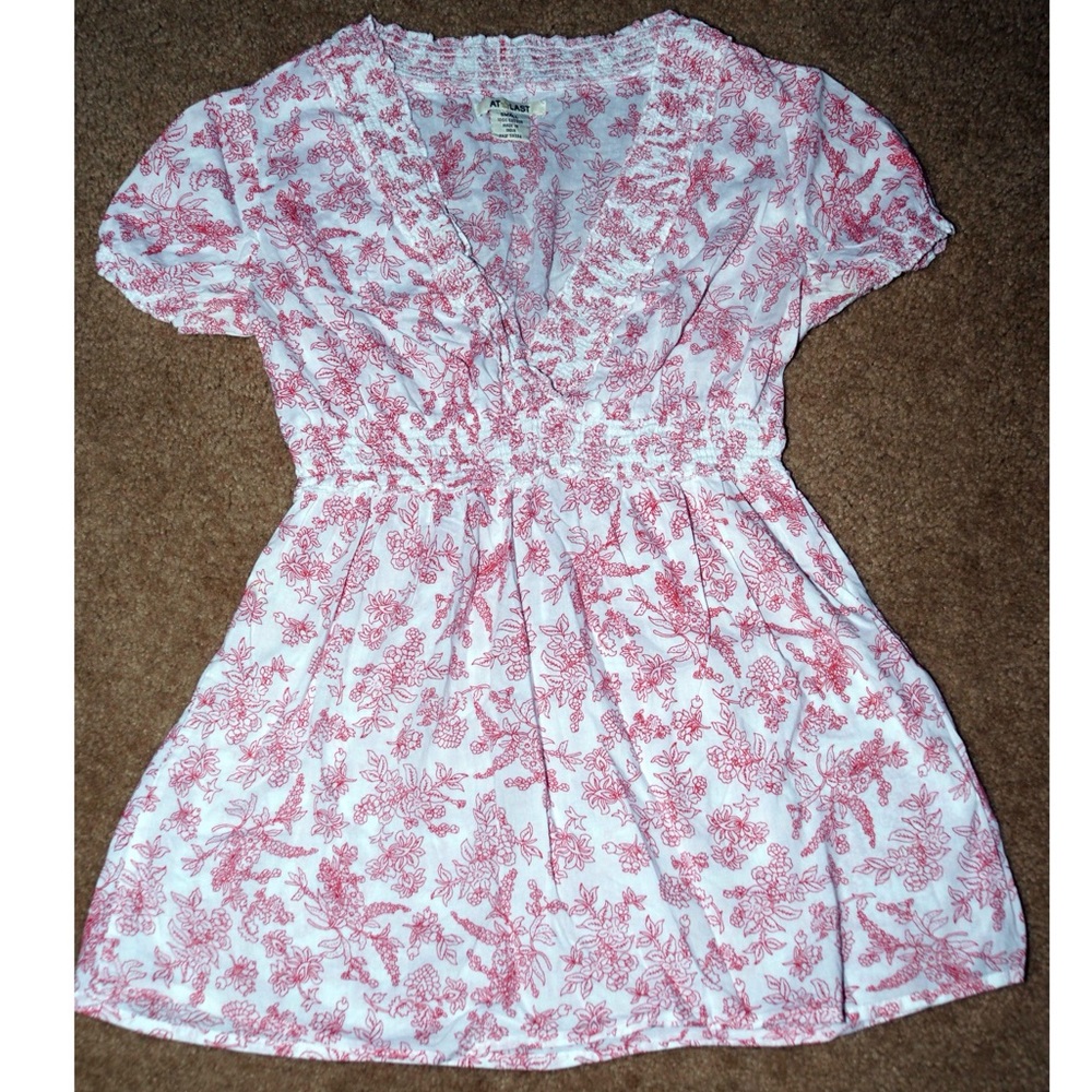 White and red floral semi-sheer cotton top